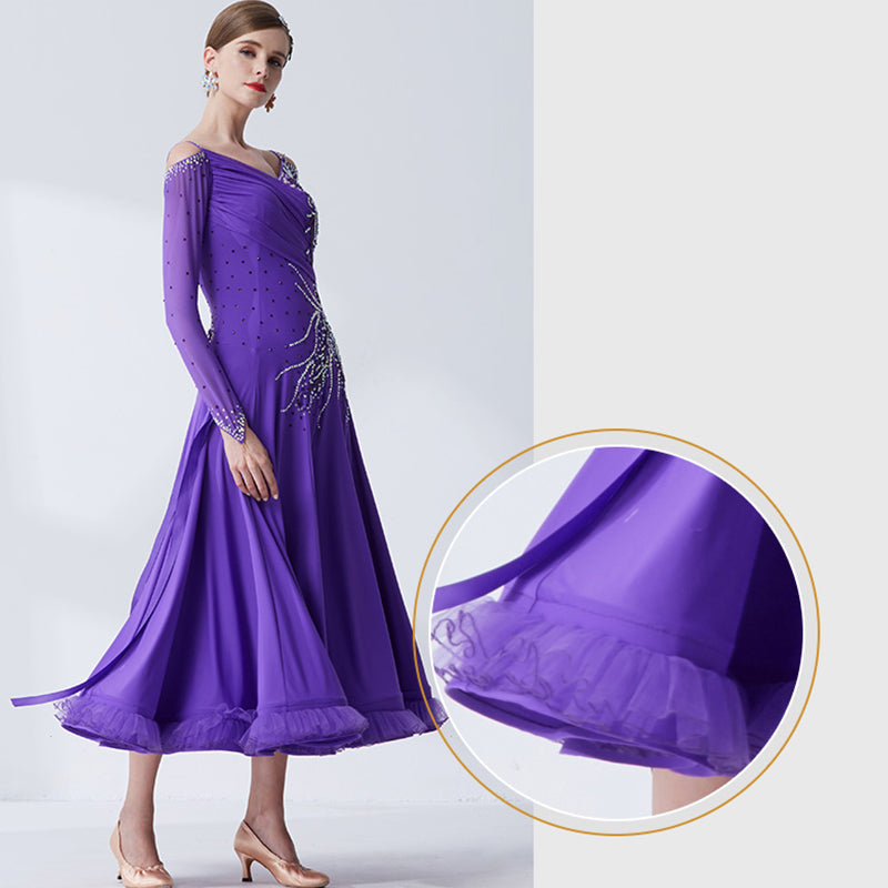 YUN Customisable-Women's Long Sleeve Applique With Applique With Diamonds Waltz Modern Ballroom Dance Dress Competition Dress