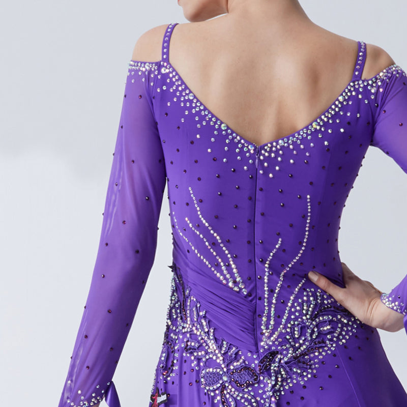 YUN Customisable-Women's Long Sleeve Applique With Applique With Diamonds Waltz Modern Ballroom Dance Dress Competition Dress
