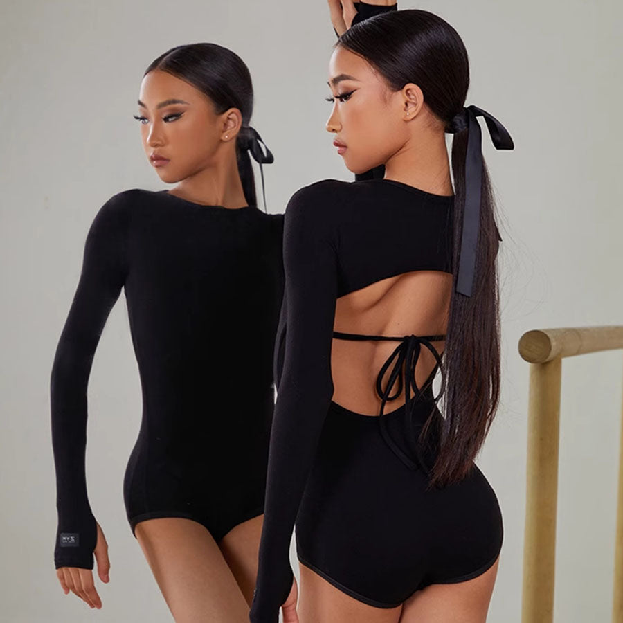 Z Girls Black Long-sleeved Dancewear Practice Tops Bodysuit