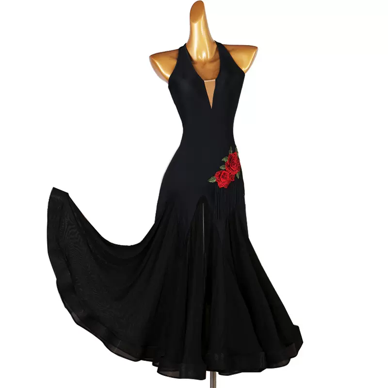 Customisable-Women's Black V-Neck DanceWear Ballroom Dance Dress