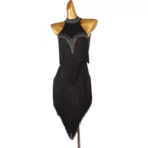 Customisable-Women's Black High Neck Tassel DanceWear Dance Dress