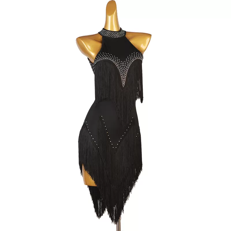 Customisable-Women's Black High Neck Tassel DanceWear Dance Dress