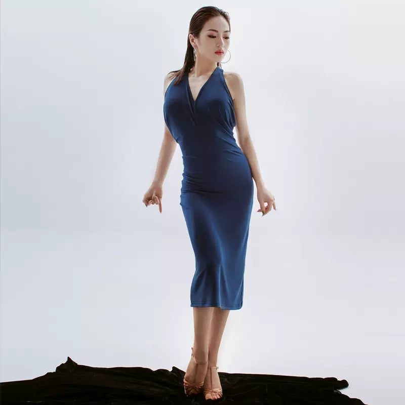 HC Women's Blue Spaghetti Straps Tassel Dance Dress DanceWear Performance Clothes