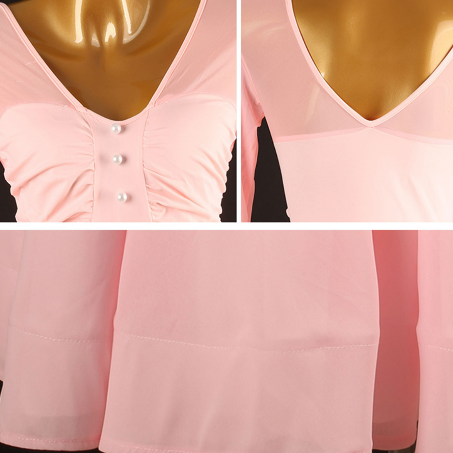Customisable-Women's Pink V-neck Long Sleeve DanceWear Ballroom Dance Dress