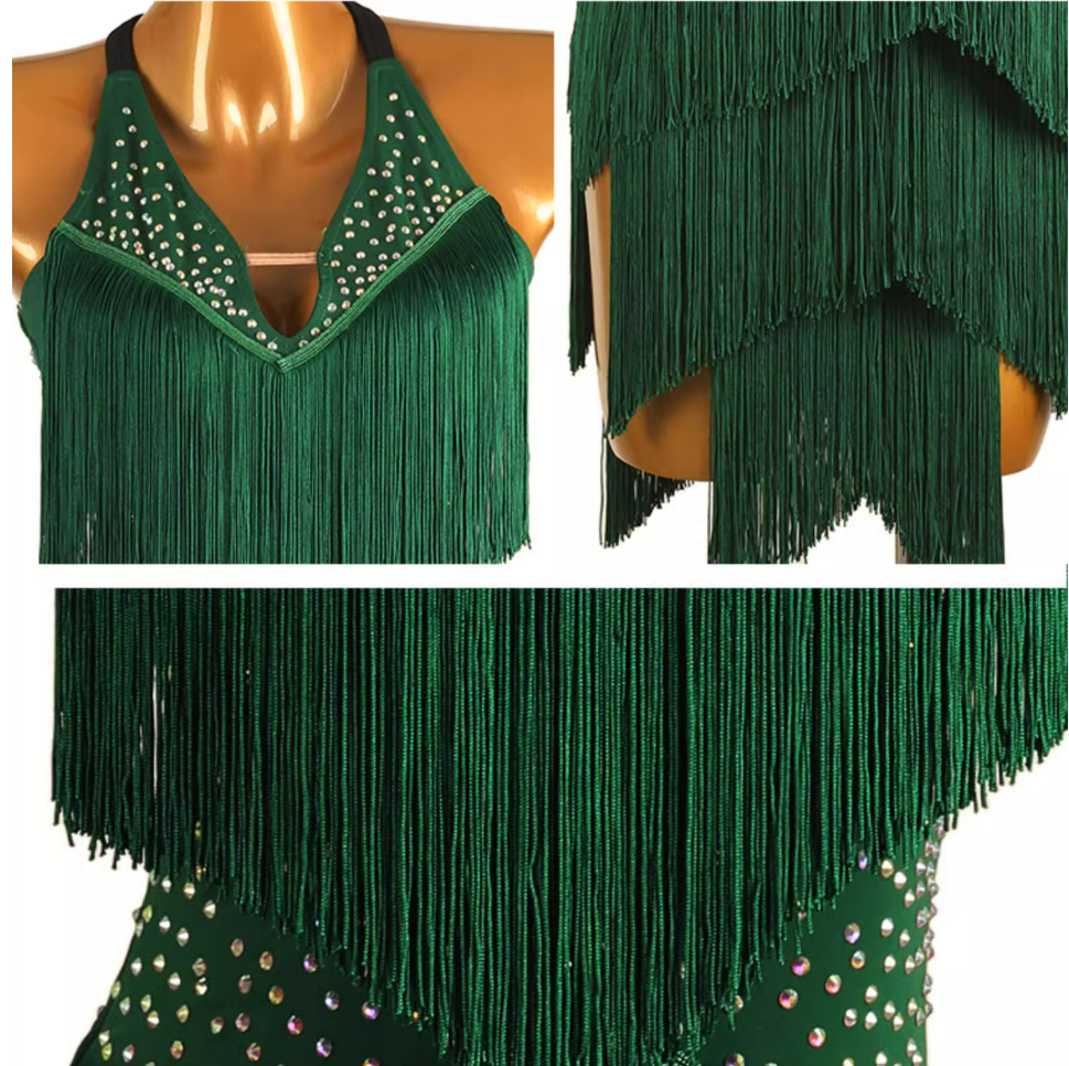 Customisable-Women's Green Tassel Dance Wear Dance Dress Performance Wear