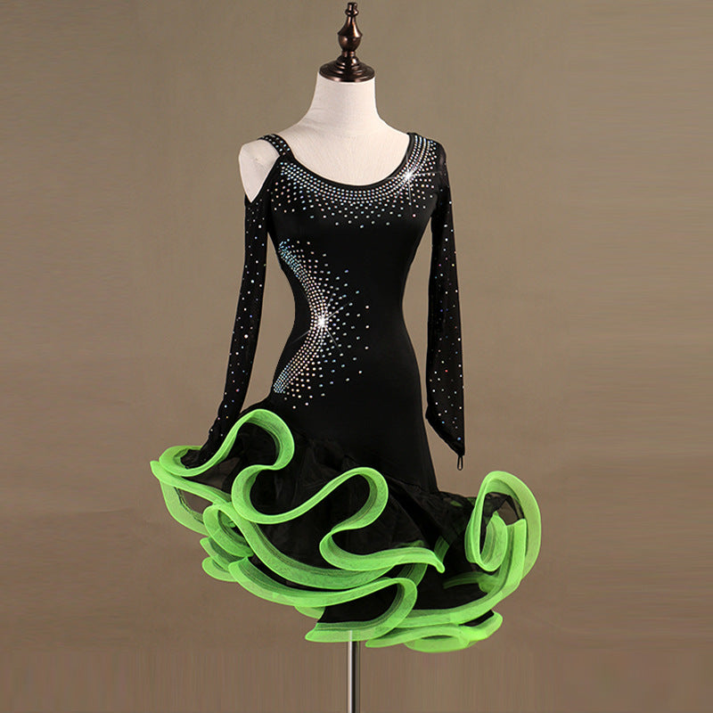 Customisable-Sexy Yarn Sleeve Latin Dance Dress Competition Dress Performance Dress