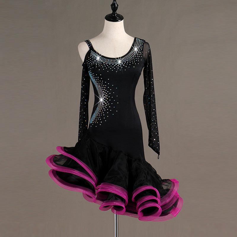 Customisable-Sexy Yarn Sleeve Latin Dance Dress Competition Dress Performance Dress
