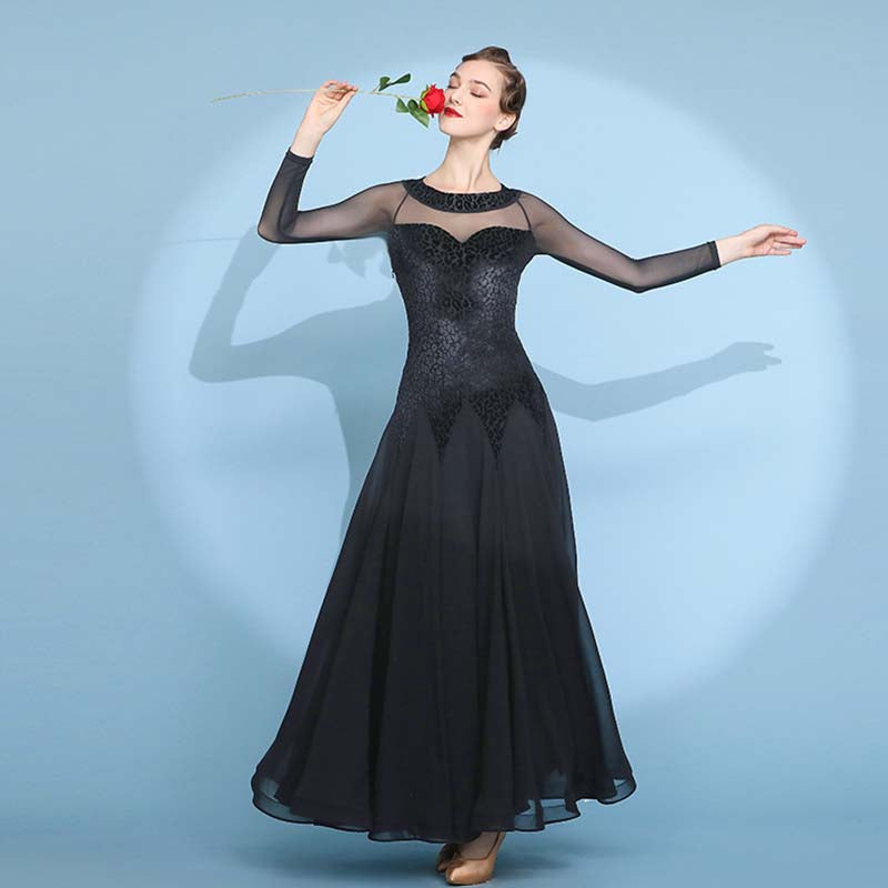 Women's Velvet Long Sleeve Modern Dance Ballroom Dance Waltz Big Swing Dress