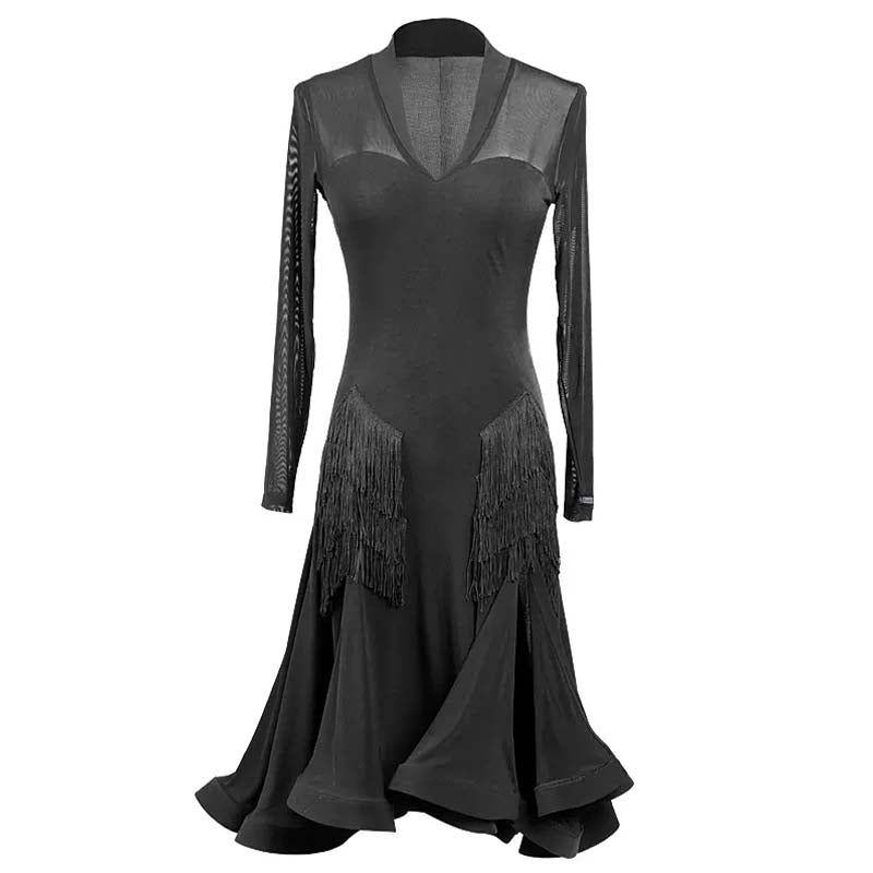 HC Women's Black Tassel Long Sleeve Dance Dress Dance Wear