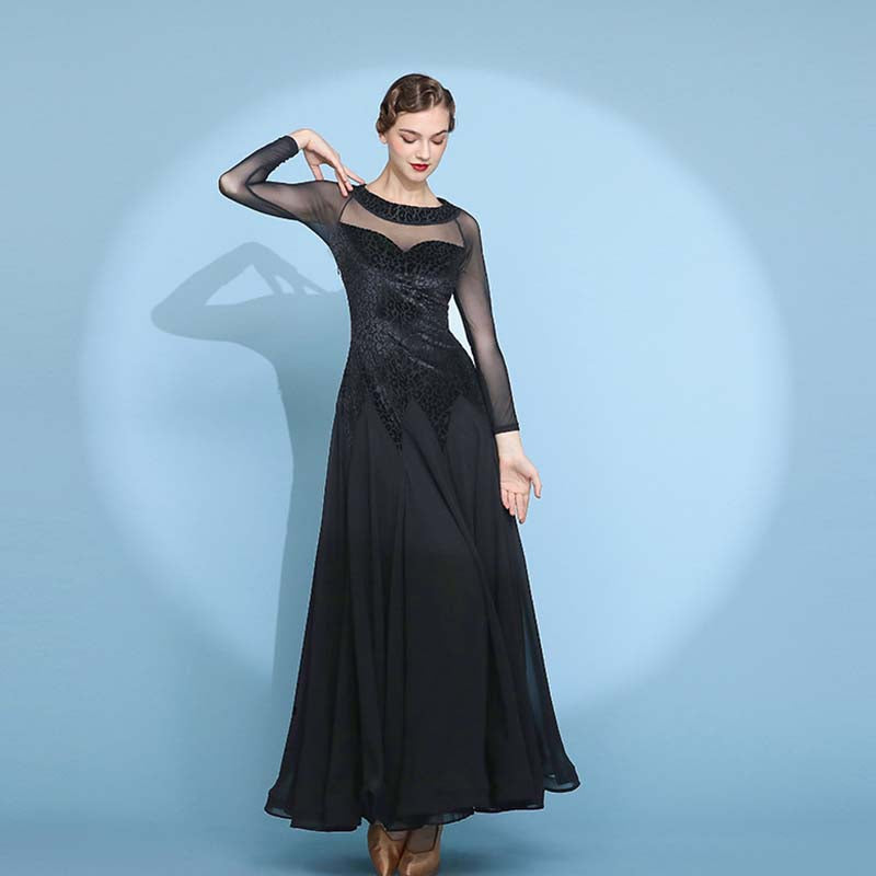 Women's Velvet Long Sleeve Modern Dance Ballroom Dance Waltz Big Swing Dress
