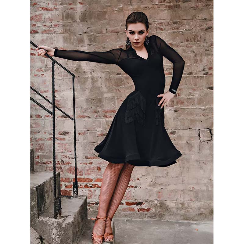 HC Women's Black Tassel Long Sleeve Dance Dress Dance Wear