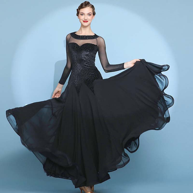 Women's Velvet Long Sleeve Modern Dance Ballroom Dance Waltz Big Swing Dress