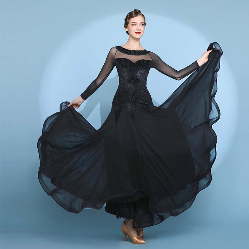 Women's Velvet Long Sleeve Modern Dance Ballroom Dance Waltz Big Swing Dress