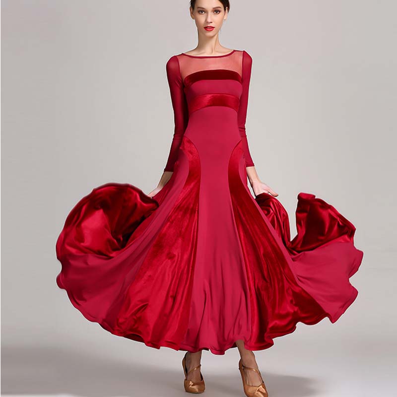 Women's Velvet Long Sleeve Modern Dance Dress Ballroom Dance Costume Training Performance