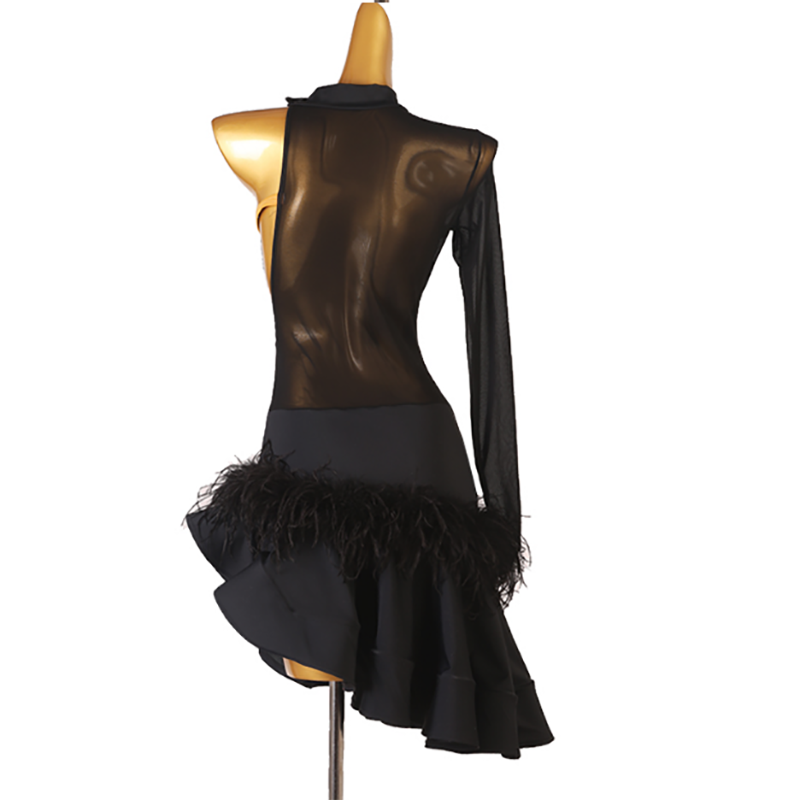 Customisable-Women's Black Slant Shoulder Feather Rumba Latin Dance Practice Dresses Performance Dresses