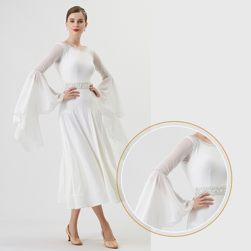 YUN Customisable-Women's Long Sleeve Backless Diamonds Waltz Modern Ballroom Dance Dress Competition Dresses
