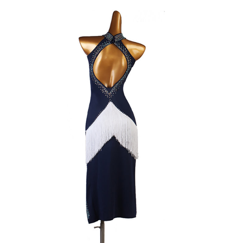 Customisable-Women's Navy Rhinestone Tassels Rumba Latin Dance Dresses Performance Dresses