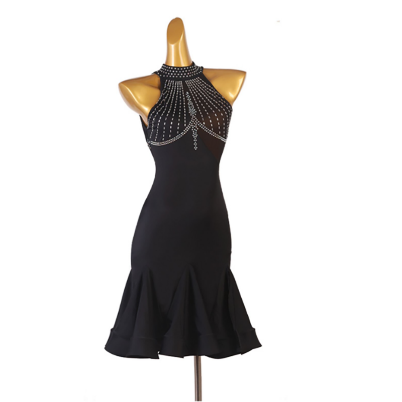 Customisable-Women's Black Rhinestone Rumba Latin Dance Dresses Performance Dresses