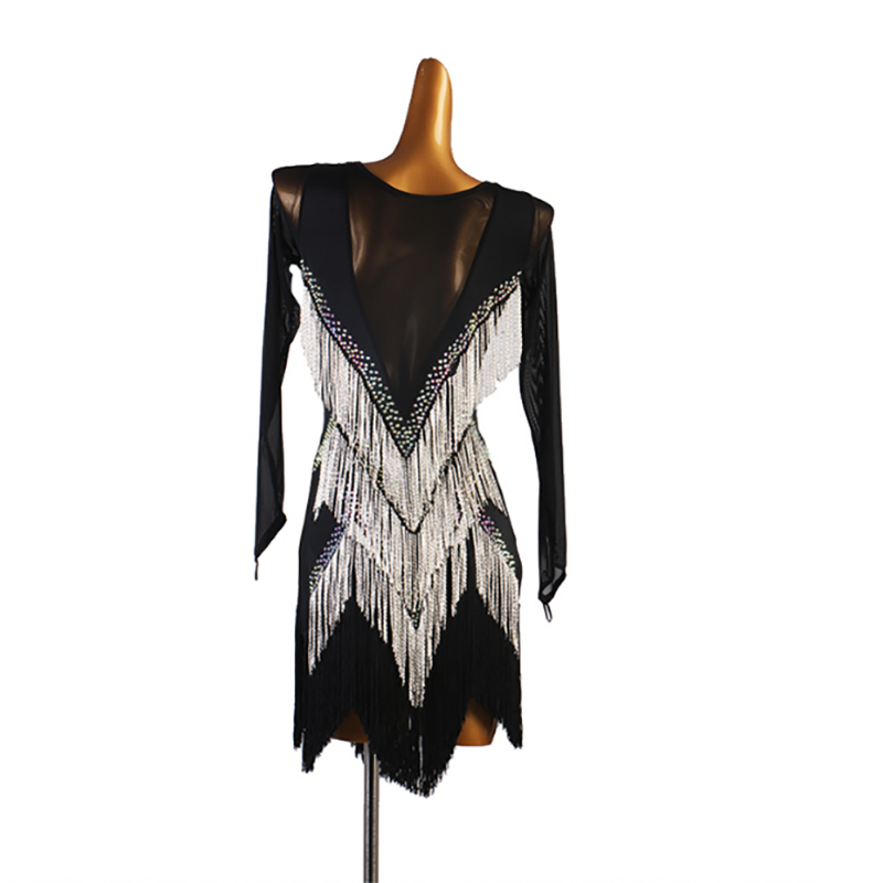Customisable-Women's Black Long Sleeve Sequin Tassel Dance Dresses Performance Dresses