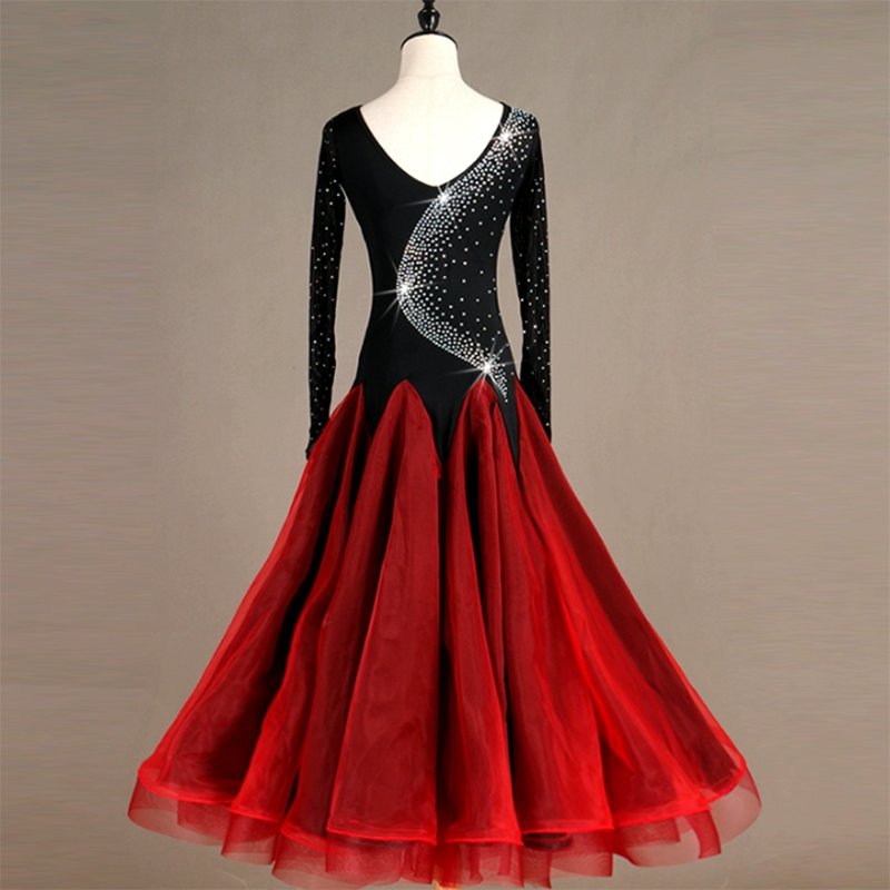 Customisable-Women's Long Sleeve Diamond Waltz Ballroom Dance Competition Modern Dance Large Swing Dress