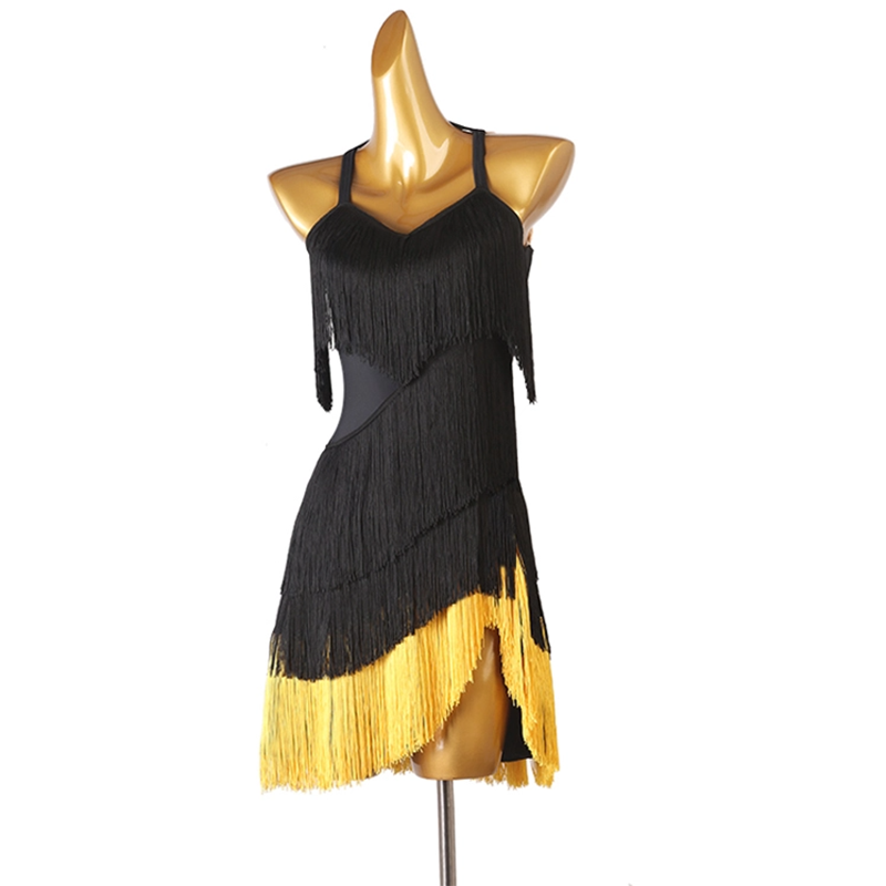 Customisable-Women's Black Tassel Sleeveless Performance Latin Dance Dress Dance Wear