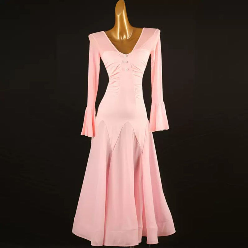 Customisable-Women's Pink V-neck Long Sleeve DanceWear Ballroom Dance Dress