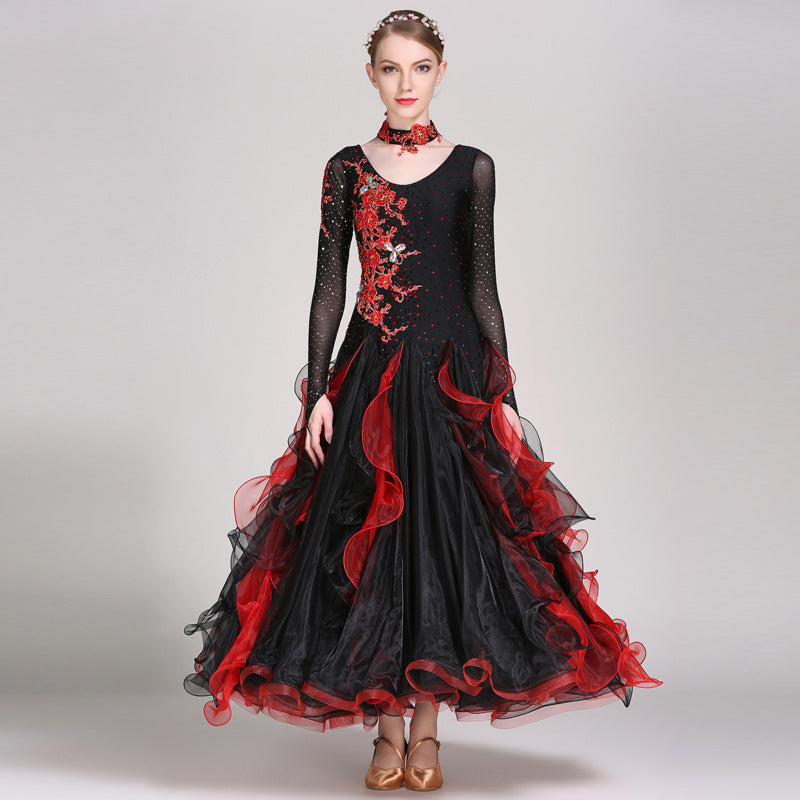 Women's Long Sleeve Lace Diamond Waltz Ballroom Dance Competition Modern Dance Large Swing Dress
