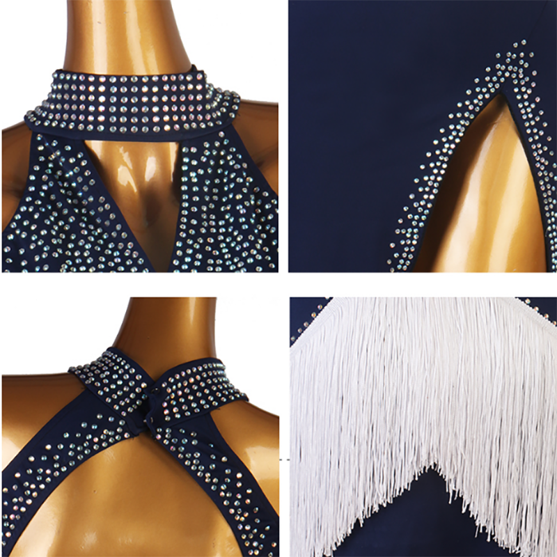Customisable-Women's Navy Rhinestone Tassels Rumba Latin Dance Dresses Performance Dresses