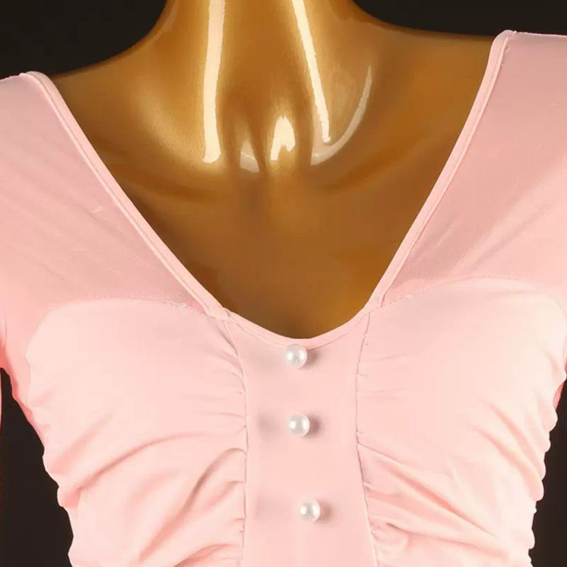 Customisable-Women's Pink V-neck Long Sleeve DanceWear Ballroom Dance Dress