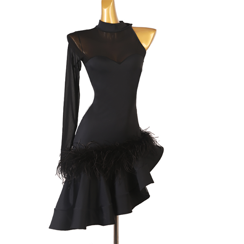 Customisable-Women's Black Slant Shoulder Feather Rumba Latin Dance Practice Dresses Performance Dresses