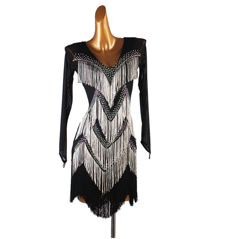 Customisable-Women's Black Long Sleeve Sequin Tassel Dance Dresses Performance Dresses