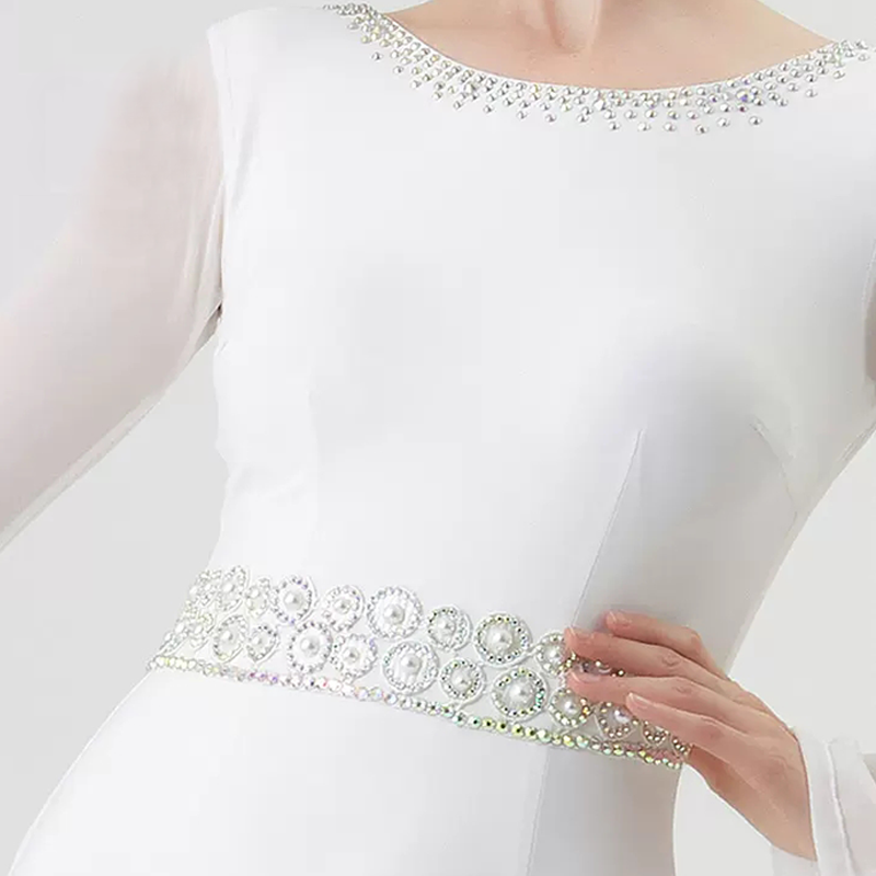 YUN Customisable-Women's Long Sleeve Backless Diamonds Waltz Modern Ballroom Dance Dress Competition Dresses