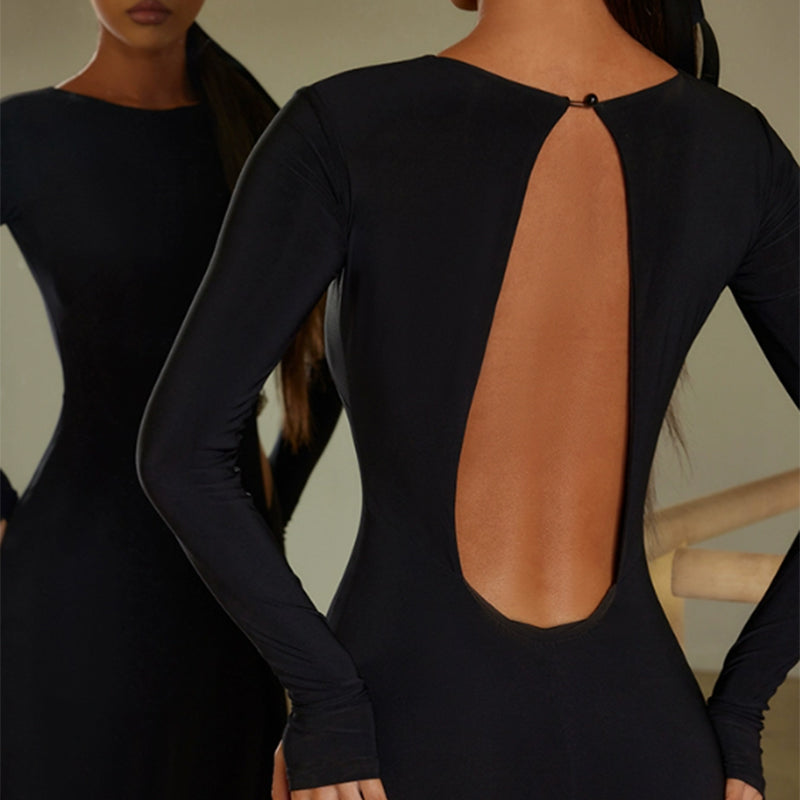 Z Women's Black Round Neck Long Sleeve Backless Elegant Dance Dress Dance Wear