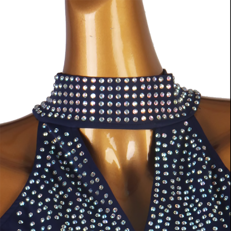 Customisable-Women's Navy Rhinestone Tassels Rumba Latin Dance Dresses Performance Dresses