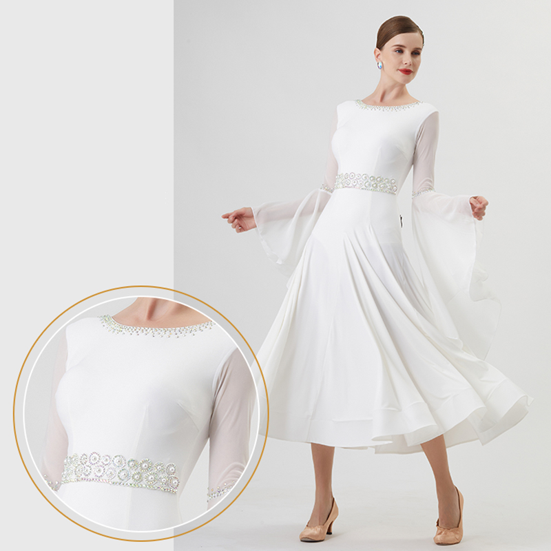 YUN Customisable-Women's Long Sleeve Backless Diamonds Waltz Modern Ballroom Dance Dress Competition Dresses
