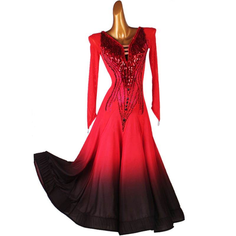 Customisable-Women's Long Sleeve Sequins Diamonds Waltz Ballroom Dance Competition Modern Dance Large Swing Dress