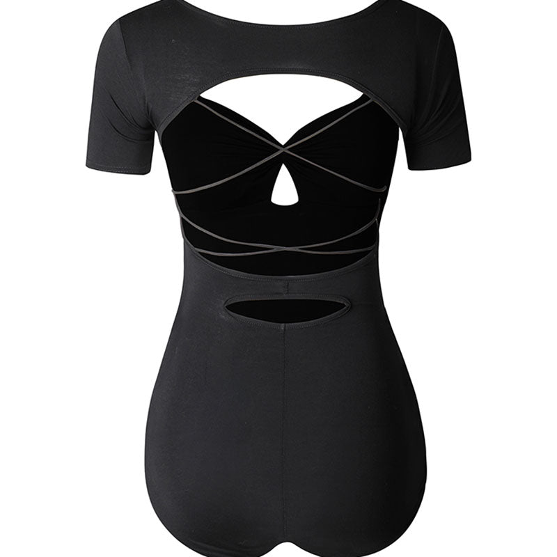 Z Women's Black Hollow Practice Tops Bodysuit Leotard Dancewear