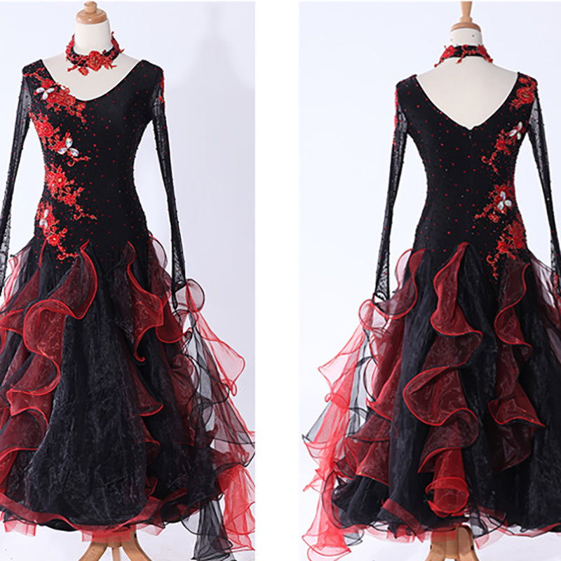 Women's Long Sleeve Lace Diamond Waltz Ballroom Dance Competition Modern Dance Large Swing Dress