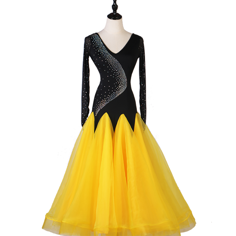 Customisable-Women's Long Sleeve Diamond Waltz Ballroom Dance Competition Modern Dance Large Swing Dress