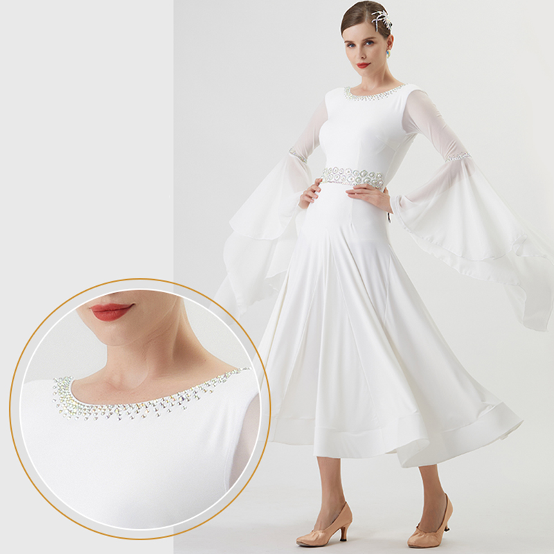 YUN Customisable-Women's Long Sleeve Backless Diamonds Waltz Modern Ballroom Dance Dress Competition Dresses