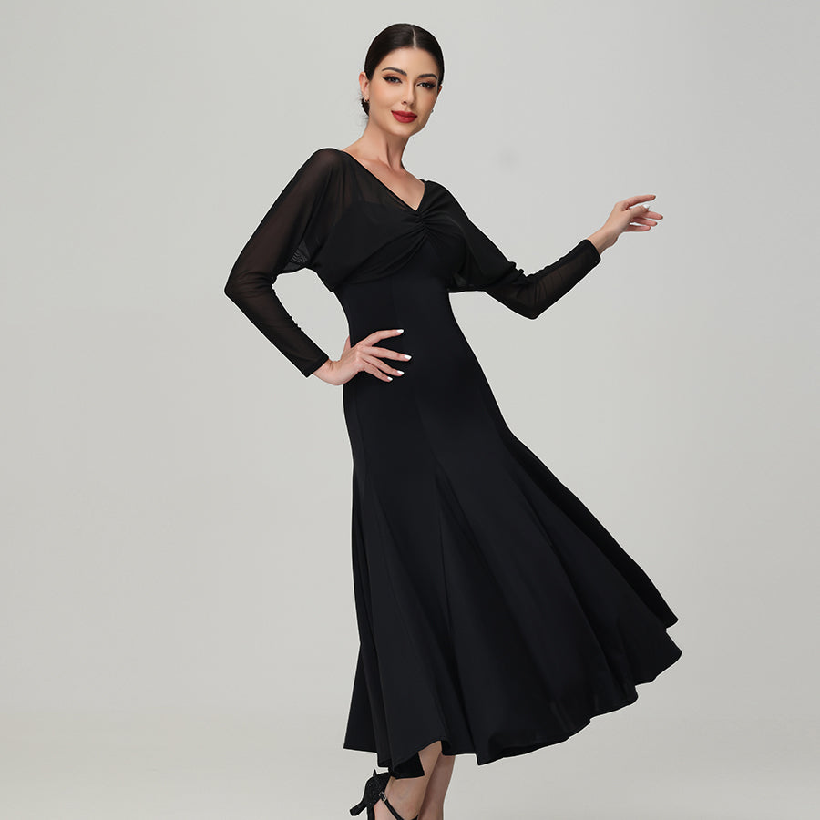 Customisable-Women's V Neck Long Sleeve Waltz Modern Ballroom Dance Dress Competition Dresses