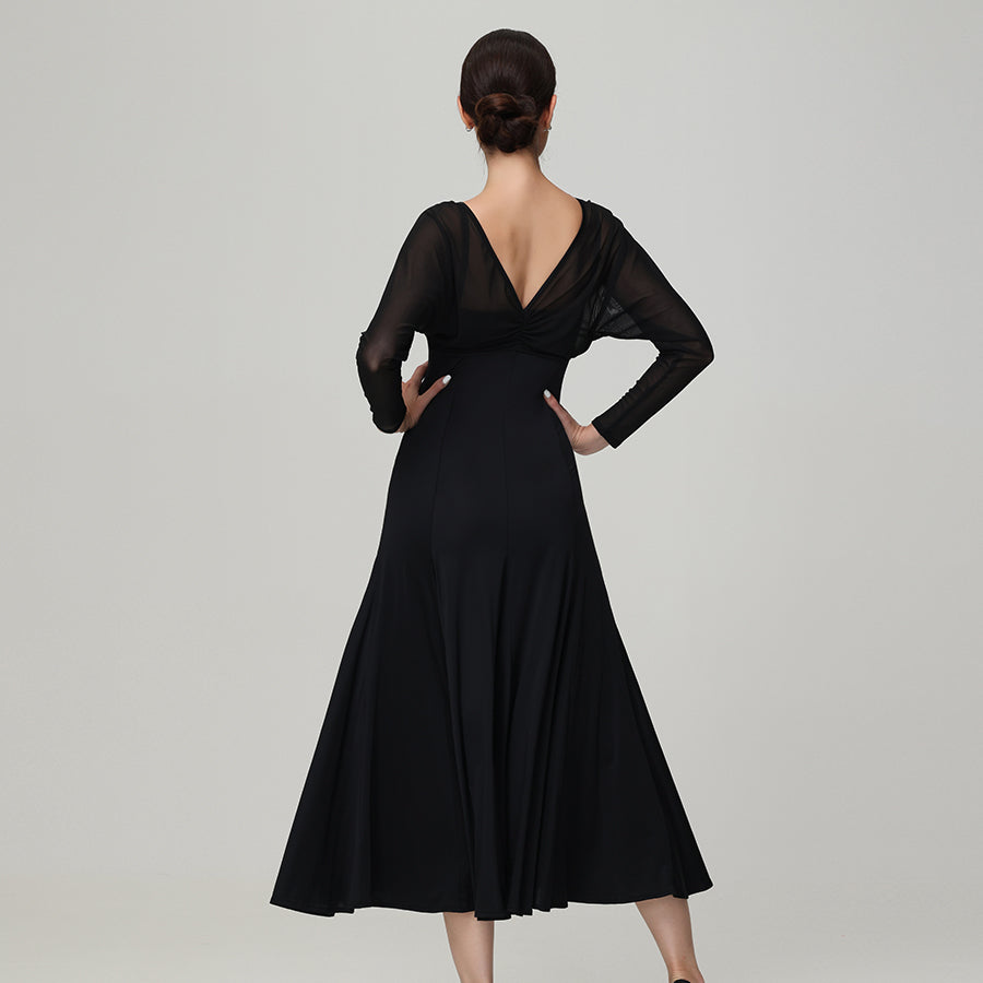 Customisable-Women's V Neck Long Sleeve Waltz Modern Ballroom Dance Dress Competition Dresses