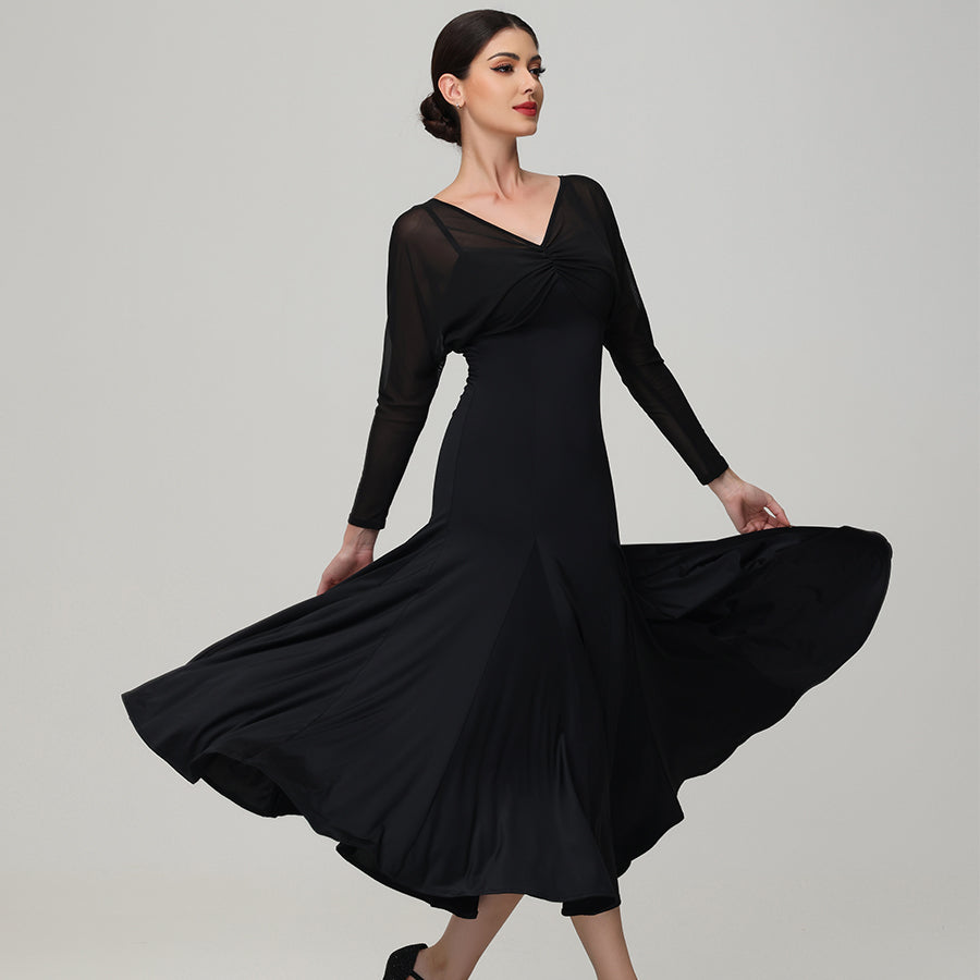 Customisable-Women's V Neck Long Sleeve Waltz Modern Ballroom Dance Dress Competition Dresses