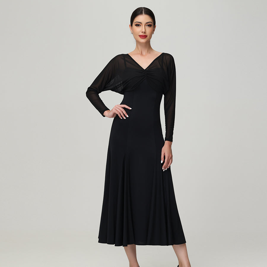 Customisable-Women's V Neck Long Sleeve Waltz Modern Ballroom Dance Dress Competition Dresses