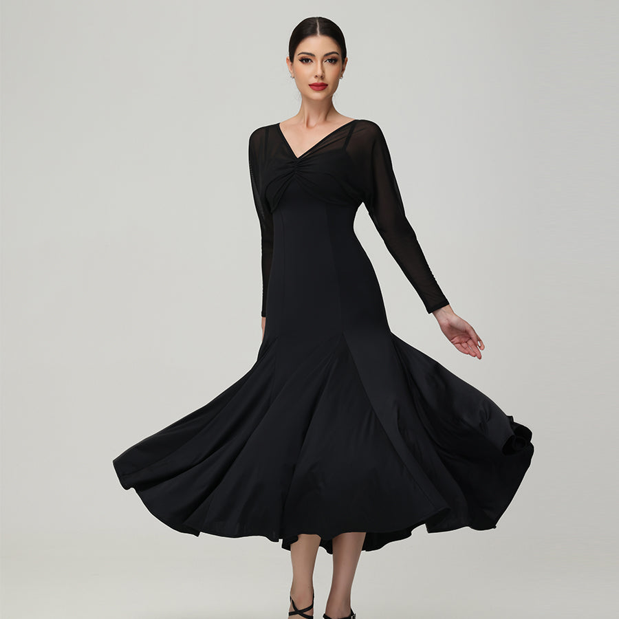 Customisable-Women's V Neck Long Sleeve Waltz Modern Ballroom Dance Dress Competition Dresses