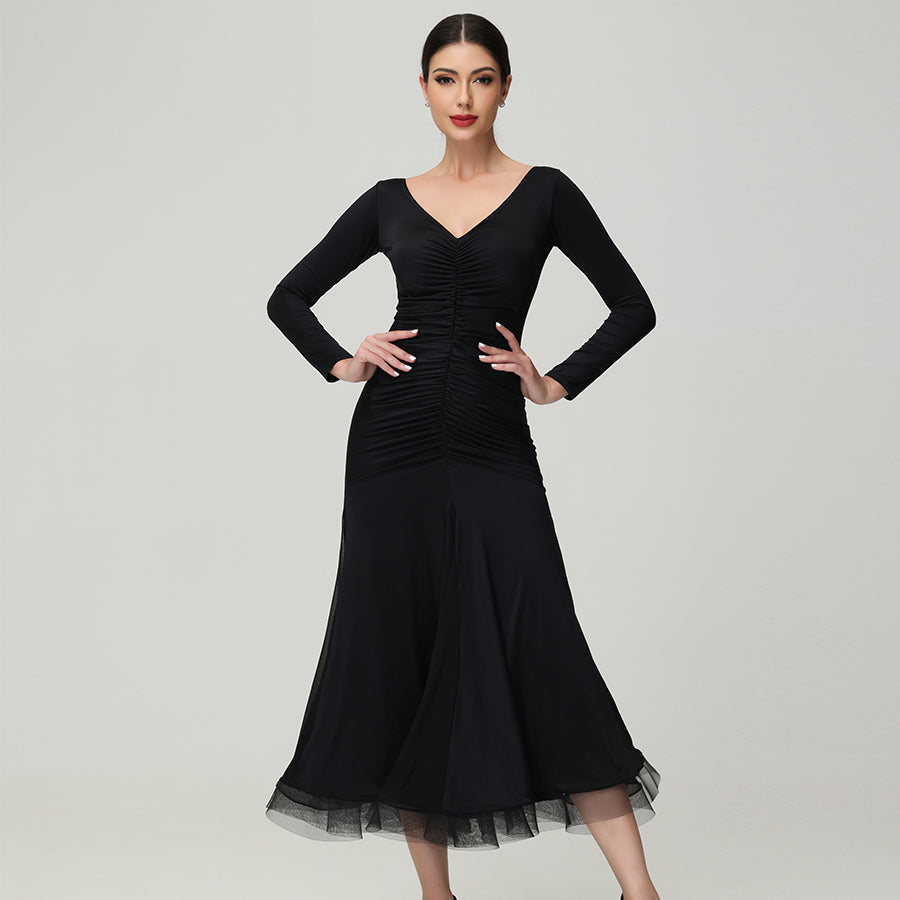 Customisable-Women's V Neck Long Sleeve Waltz Modern Ballroom Dance Dress Competition Dresses