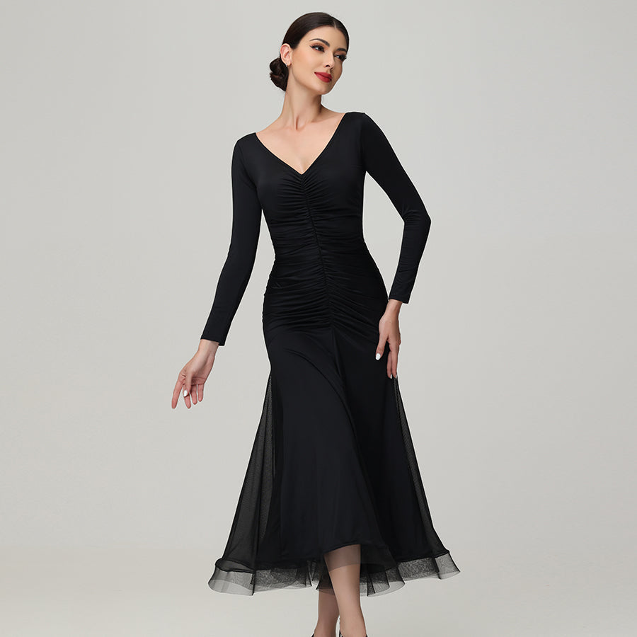 Customisable-Women's V Neck Long Sleeve Waltz Modern Ballroom Dance Dress Competition Dresses