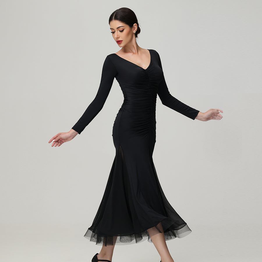 Customisable-Women's V Neck Long Sleeve Waltz Modern Ballroom Dance Dress Competition Dresses