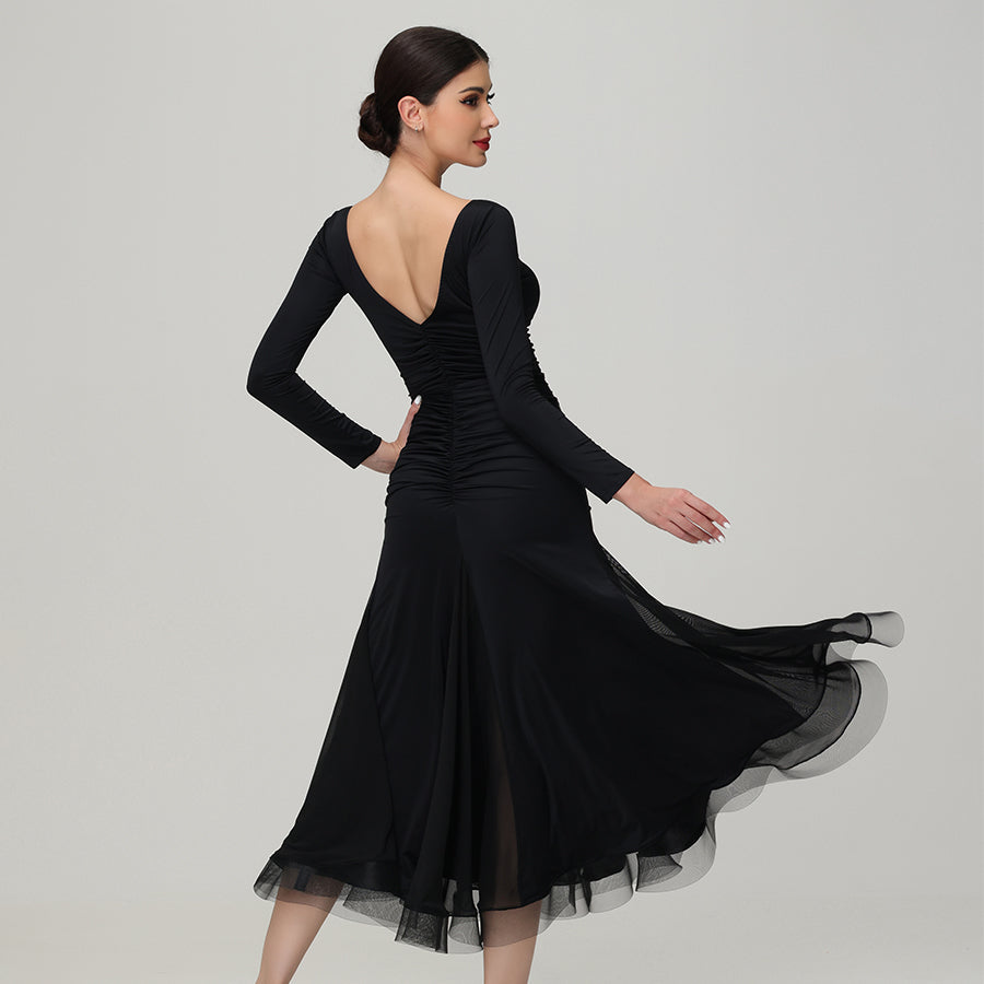 Customisable-Women's V Neck Long Sleeve Waltz Modern Ballroom Dance Dress Competition Dresses