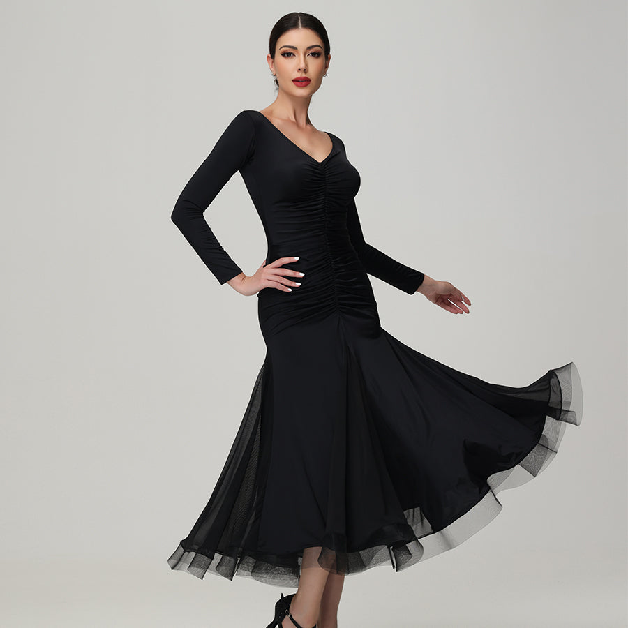 Customisable-Women's V Neck Long Sleeve Waltz Modern Ballroom Dance Dress Competition Dresses